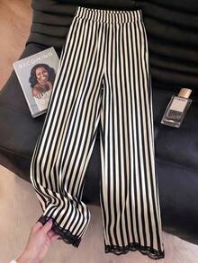 Pantalones rectos sueltos con cintura elástica, estampado de lunares y parches de encaje, adecuados para uso diario.Pantalones de lunares, pantalones con ribete de encaje, pantalones blanco y negro, pantalones de lunares blanco y negro para mujer - Multicolor - Ver 5
