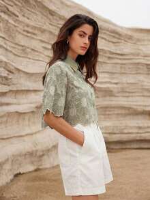 Blusa elegante con bordado de margaritas al azar y calado - Verde Oliva - Ver 6