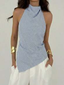 Blusa de mujer de unicolor con cuello halter, pliegues y bajo asimétrico - Azul y blanco - Ver 7