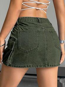 Falda vaquera de cargo de unicolor de verano para mujer - Verde militar - Ver 2