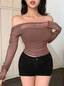 Blusa de mujer de malla elástica transparente con hombros descubiertos, blusa de manga larga para mujer de primavera/verano - Marrón Chocolate - Ver 4