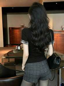 Letter Contrast Color Plaid Button Decor Casual Summer Dress For Women Black - Black - View 5