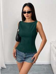 Camisa sin mangas con lazo en la espalda de unicolor, elegante, casual, sexy y minimalista para uso en la oficina y negocios para mujeres, primavera/verano - Verde Oscuro - Ver 7
