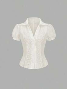 Blusa elegante de mujer con cuello en V y abotonadura sencilla, de manga corta y con rayas blancas, para primavera/verano - Albaricoque - Ver 7