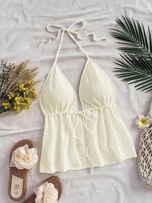Top sin espalda de tirantes en color amarillo pálido semitransparente estilo casual de resort, adecuado para el verano - Albaricoque - Ver 8