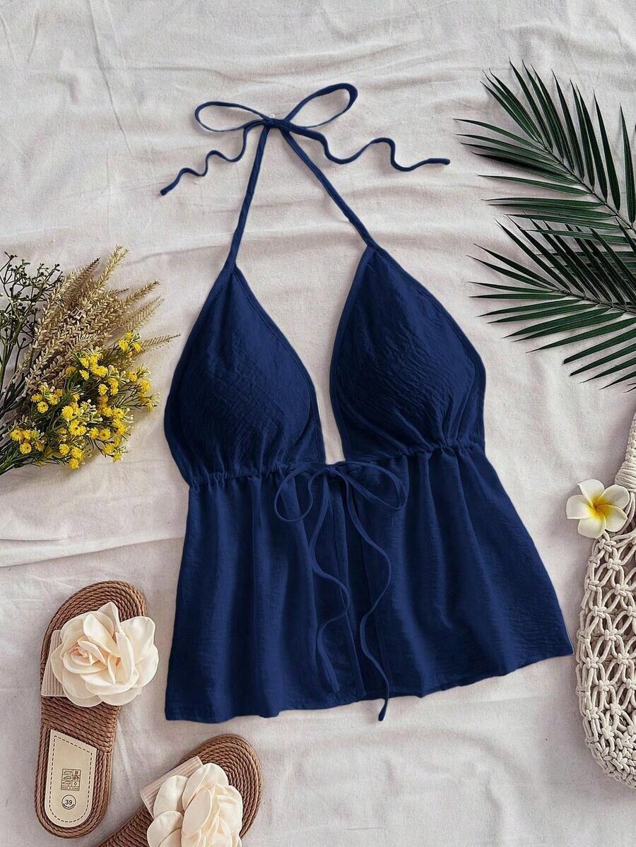 Top sin espalda de tirantes en color amarillo pálido semitransparente estilo casual de resort, adecuado para el verano - Azul marino - Ver 1