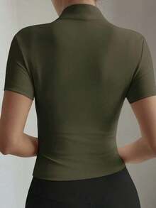 Camiseta de manga corta con cremallera, de unicolor y estilo minimalista casual para mujer - Verde Oliva - Ver 2