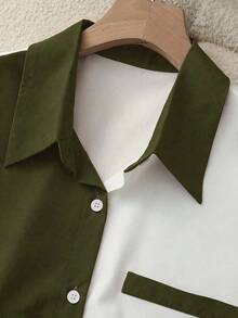 Blusa elegante de manga corta con bloques de color para mujer, verano - Verde militar - Ver 5