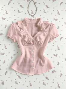 Camisa de mujer con cuello en V, cintura fruncida y manga corta, color blanco, para primavera/verano - Rosa 2 - Ver 8