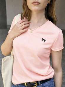 Camiseta de manga corta casual de verano para mujer con estampado de lazo - Rosa Pálido - Ver 1