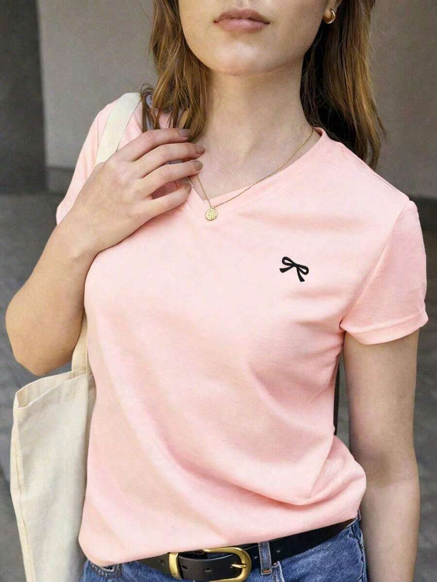 Camiseta de manga corta casual de verano para mujer con estampado de lazo - Rosa Pálido - Ver 1