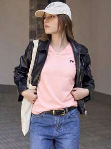 Camiseta de manga corta casual de verano para mujer con estampado de lazo - Rosa Pálido - Ver 3