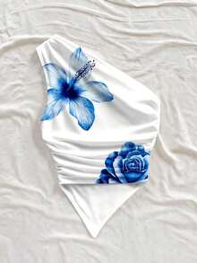 Blusa asimétrica de hombro con bajo asimétrico en color rojo rosa, ideal para vacaciones de verano - Azul y blanco - Ver 2