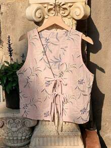 2026 Nuevo Top sin mangas con cuello en V, lazo delantero y bordado floral para mujer, ideal para vacaciones en la playa, uso casual, estilo Y2K de los 2000, primavera, graduación, fiesta de boda, vacaciones elegantes, San Valentín, carnaval, - Rosa - Ver 6