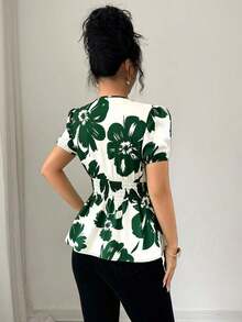 Blusa de mujer con cuello en V y manga corta con estampado de color contrastante - Verde Oscuro - Ver 2