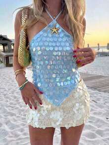 Top halter con espalda descubierta y lentejuelas sexy para mujer, atuendos de verano, ropa de verano, atuendos de playa para mujer, atuendos de vacaciones, atuendos bohemios tropicales de vacaciones para mujer, atuendos de concierto, atuendos de ra - Celeste - Ver 6