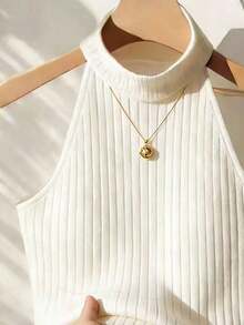 Blusa de unicolor con cuello halter, versátil para uso diario - Blanco - Ver 3