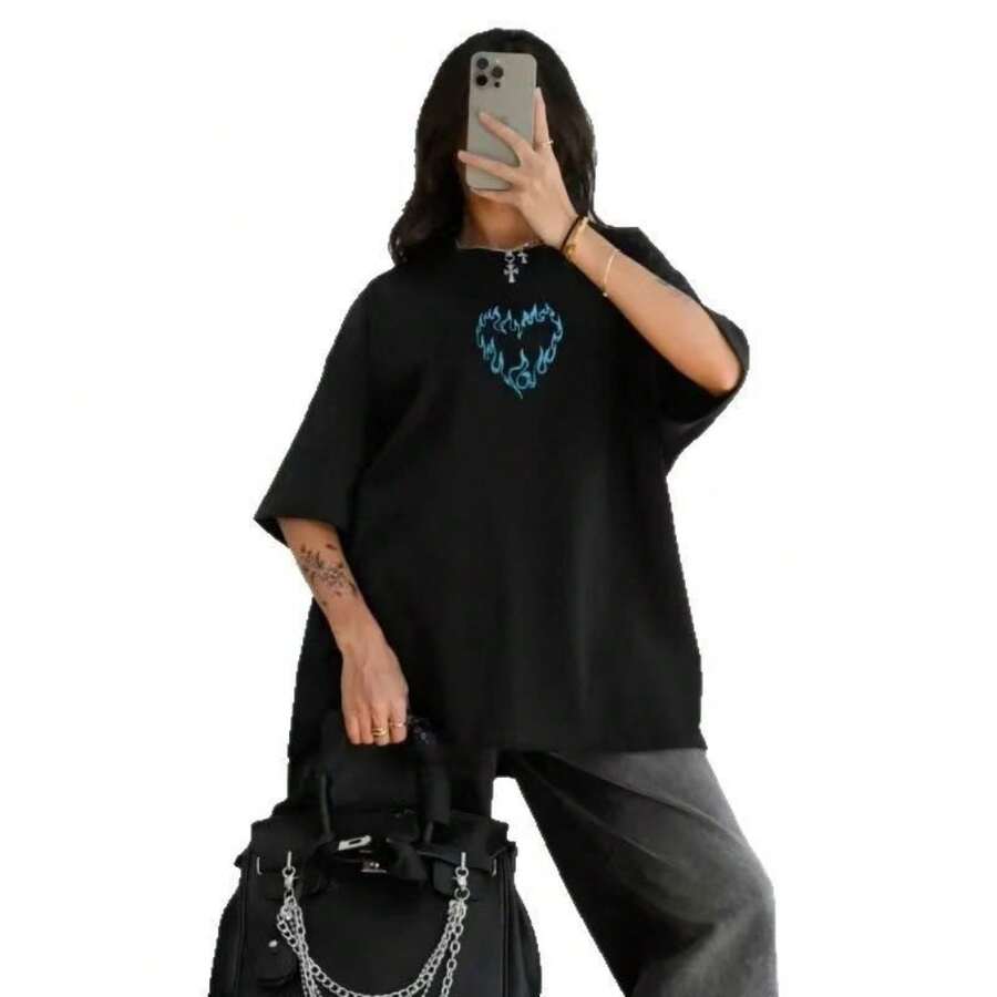 Moda de verano europea y americana, diseño único y elegante, camiseta de manga corta de algodón estilo americano con estampado de corazones. - Blanco - Ver 1