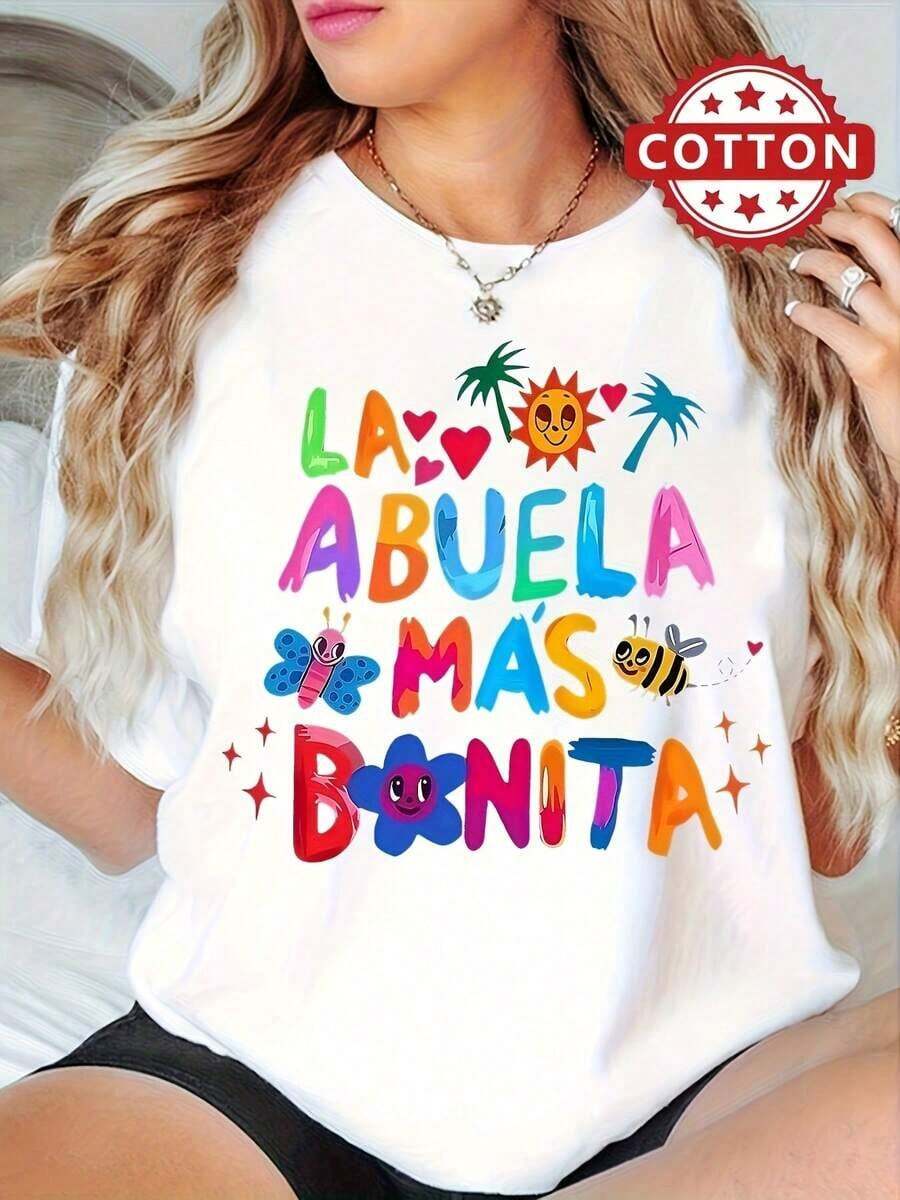 Camiseta de algodón con estampado "La Abuela Más Bonita" casual de moda para mujer - Blanco - Ver 1
