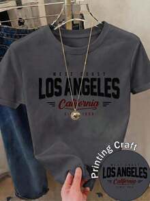 Camiseta de manga corta con cuello redondo y estampado gráfico de Los Ángeles, California, para mujer, estilo casual y urbano. BJDB - Gris Oscuro - Ver 2