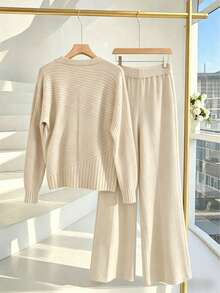 Women's Knit Set: Long-Sleeved Blouse + Wide-Leg Pants | Comfortable And Stylish Modern Warm Autumn & Winter - Apricot - View 2