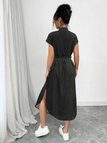 Vestido largo de manga corta para verano 2025, nuevo, con bolsillo, abertura lateral, cinturón y lazo, estampado de leopardo, para uso casual y de viaje - Negro - Ver 2