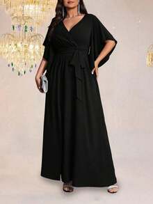 Vestido maxi elegante de fiesta con abertura, cuello en V ajustado, mangas acampanadas y cintura fruncida, talla grande para mujer - Negro 2 - Ver 3