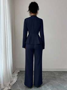 Elenzya Traje elegante que afina la cintura, pantalones acampanados y estilizadores para uso diario, adecuado para vacaciones, citas, Día de la Independencia, atuendo de maestra - Azul marino - Ver 2