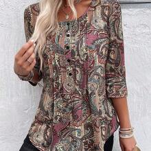 Women's Casual Elegant Paisley Print Round Neck 3/4 Sleeve T-Shirt, Autumn - Verde militar - Ver 5