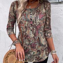 Women's Casual Elegant Paisley Print Round Neck 3/4 Sleeve T-Shirt, Autumn - Verde militar - Ver 6