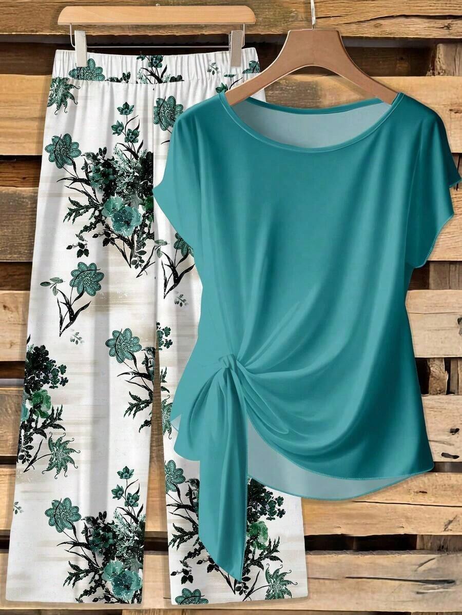 Conjunto de 2 piezas de blusa con lazo y pantalones rectos para mujer, informal - Multicolor 17 - Ver 1