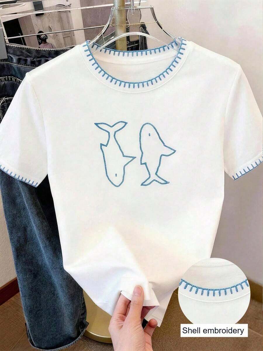 Camiseta de manga corta con estampado de bloques de color y rayas para vacaciones de verano - Blanco - Ver 1