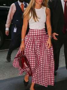 Falda larga de línea A a cuadros elegante y casual para mujer ELVA, adecuada para la playa, ligeramente elástica, apropiada para conciertos, fiestas del té, festivales, el Día de la Madre y otras ocasiones, también adecuada para la escuela, ceremonias de graduación, bodas y cómoda para el trayecto diario de primavera - Rojo y blanco - Ver 1