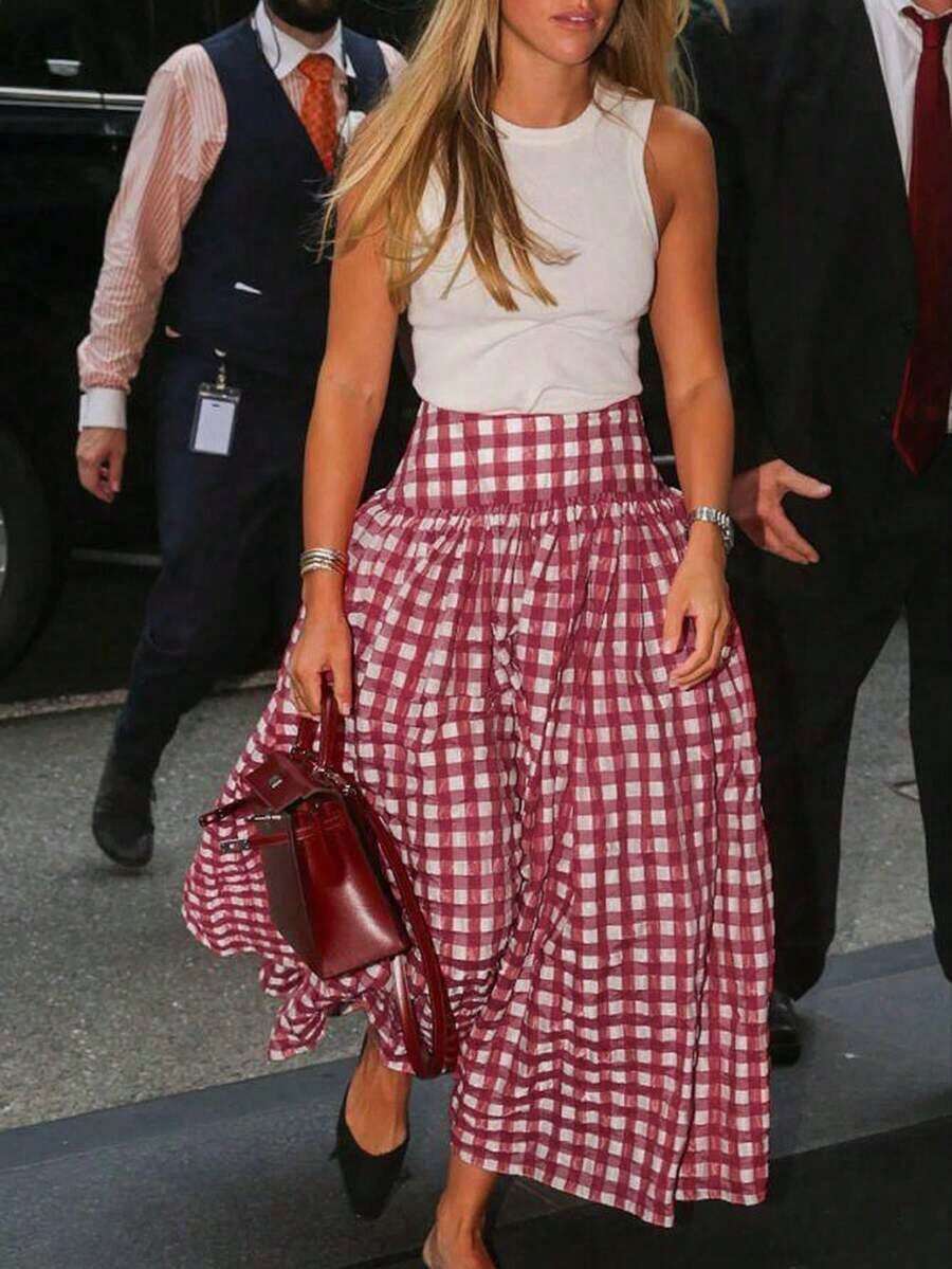 Falda larga de línea A a cuadros elegante y casual para mujer ELVA, adecuada para la playa, ligeramente elástica, apropiada para conciertos, fiestas del té, festivales, el Día de la Madre y otras ocasiones, también adecuada para la escuela, ceremonias de graduación, bodas y cómoda para el trayecto diario de primavera - Rojo y blanco - Ver 1