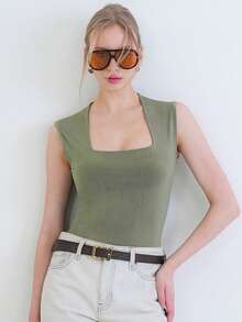 KARE YAKA KALIN ASKILI ESNEK KUMAS BLUZ - Green - View 4