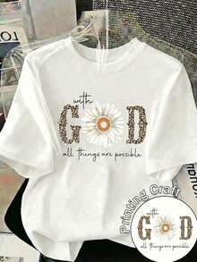 Camiseta informal de manga corta y cuello redondo para mujer, 100% algodón, estampado de margaritas y leopardo, lema de Dios, corte holgado, prenda de algodón puro. - Blanco - Ver 10