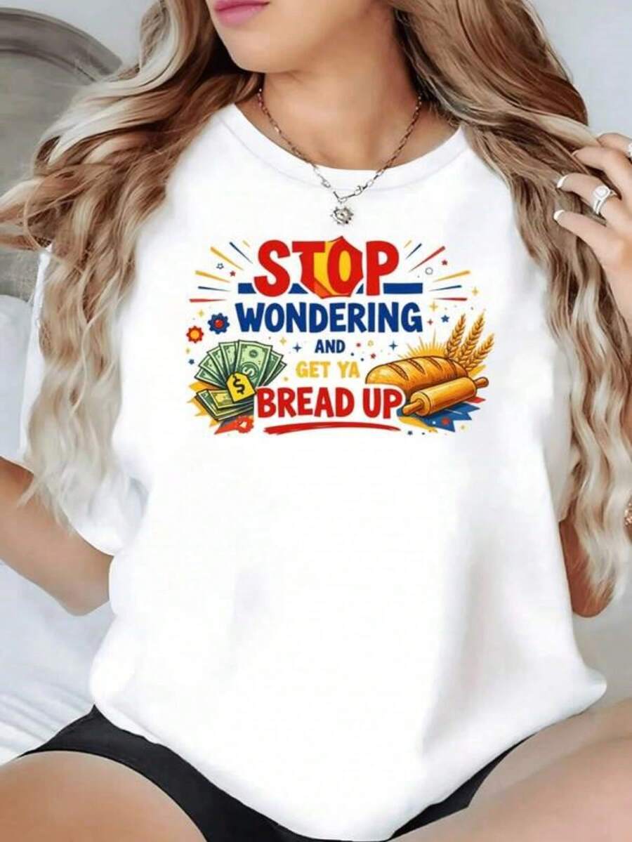 Mujer Camiseta de manga corta con estampado térmico de eslogan colorido, letras rojas y amarillas con billetes y pan, cuello redondo casual y divertido - Blanco - Ver 1