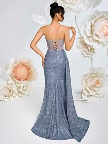 Vestido de fiesta con hombros descubiertos, calado en forma de espina de pescado, fruncido en la cintura alta con cinta, abertura en el muslo, espalda descubierta con lazo, largo hasta el piso, adecuado para invitados de boda, eventos formales, graduación y citas nocturnas - Gris - Ver 2