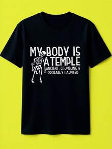 Tallas Grandes - Tallas Grandes - Burla de Sí Mismo y Optimismo: "MI CUERPO ES UN TEMPLO ANTIGUO, EN RUINAS Y PROBABILMENTE HAUTADO" Combinado con una camiseta de cuello redondo, moderna y casual, para mujer, de talla grande, con estampado de calaveras, para primavera y verano. - Negro - Ver 2