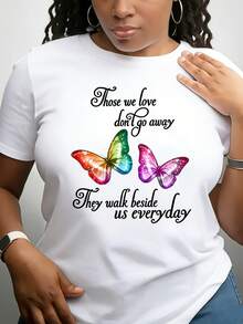 Women's Casual T-Shirt Made Of 100% Cotton, With A Round Neck And A Print Of Colorful Butterflies And Motivational Phrases, Featuring A Colorful Butterfly Letter Print Design, Breathable Fabric, Regular Length, Suitable For Everyday Wear And Casual Outdoor Style. - 白色 - 查看 7