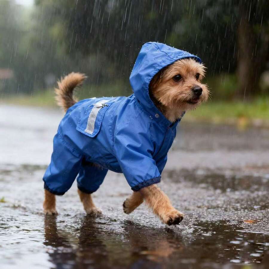 1pc Blue Pet Raincoat, Lightweight Polyester Fiber Reflective Strips Full Coverage 4-Leg Dog Outfit, Waterproof Pet Raincoat, Suitable For Small And Medium Poodle Dogs Year-Round Wear - Multicolor - View 1