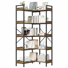 Estantería industrial de 5 niveles en forma de L - Armario de almacenamiento independiente de metal y madera - Estantes abiertos con 4 ganchos - Librero esquinero ahorrador de espacio para sala, dormitorio u oficina, color marrón rústico - Marrón Chocolate - Ver 7