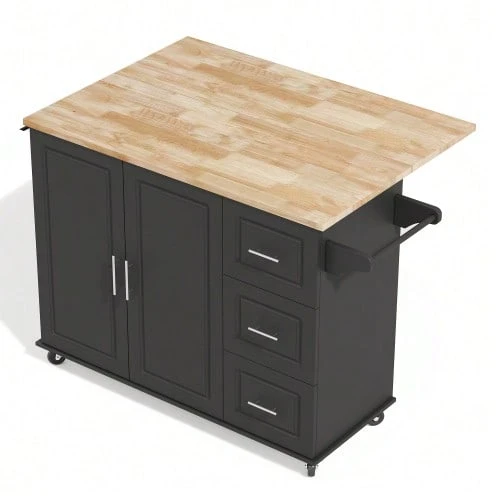 Large Mobile Kitchen Table L137*W43(76)*H92cm, Oak Top, Foldable, Multifunctional Furniture, 3 Drawers, Towel Rack, Ideal For The Kitchen, Dining Room, Home - Black - View 1