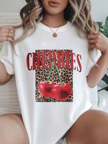 Camiseta genial con estampado vintage de cerezas y leopardo, diseño de frutas rojas, camiseta casual de moda para mujer, adecuada para todas las estaciones.  
 -WhiteFashion - Blanco - Ver 6