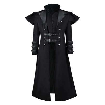 [Phong cách Gothic u tối] Áo khoác dài tay cổ đứng kiểu cổ điển dành cho nam, áo khoác gió hai hàng cúc thắt lưng phong cách Steampunk, trang phục biểu diễn ấn tượng, cần thiết cho Giáng sinh & Halloween, áo khoác dành cho người đi xe máy.