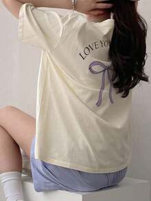 Women's T-Shirt With Letter Print On The Front And Back, Cute Blouses With Graphic Designs, Women's Cotton T-Shirts - 風格 - 查看 5