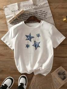 Women's White Denim Star T-Shirt Casual Summer Tops For Women Fashionable Everyday Clothes Women's T-Shirts - 風格二 - 查看 2