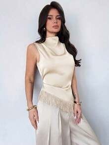 Blusa sin mangas elegante y casual para ir al trabajo, de vacaciones o a la playa, con estilo bohemio.Chaleco de mujer con cuello de satén marrón plisado, bajo asimétrico con flecos, elegante, versátil y apropiado para maestras - Albaricoque - Ver 3