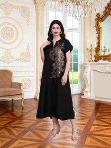 2026 New Style Ramadan Traditional Elegant Black Dress With Gold Embroidery, Jalabia V-Neck Fashion Dress, Eid Al-Adha Traditional Clothing - Black - View 3