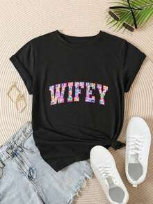 Women's Vintage Style Short Sleeve Casual T-Shirt - Colorful Leopard Print Design With "Wifey" Lettering, Round Neck, Summer Top, Machine Washable, Ladies' T-Shirts, Casual Wear, Modern Style, Comfortable Fit

-WhiteFashion - 黑色 - 查看 2